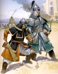 Монголы воины в стальном и кожаном пластинчатом панцире. 13 в