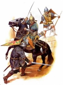 Монгол Золотой Орды атакует спешившегося византийского кавалериста, со спины на помощь спешит византийский метатель дротиков, середина 14 века