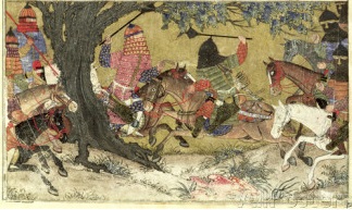 Бой Ардашира и Бахмана, сын Ардавана. иллюстрация из Шах-наме 1325-1350