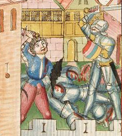 меч і баклер, средньовічний малюнок, фреска, фехтвання, бой
