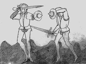 меч и баклер, средневековый рисунок, фреска, фехтование, колющий удар