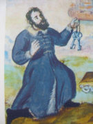 Персонаж с ключами в синем гермяке. Фрагмент из рукописной книги «Бургомистр Варшавы Я. Древно и вид на Варшаву», 1624-1626 гг. (Библиотека Чарторыйских).