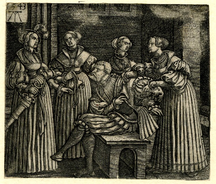 The Parable of the Prodigal Son; Monogrammist MT (Print made by); Plate 5: The courtesans stripping the Prodigal Son of his clothes. 1543 Engraving