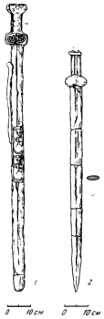 Могильник Тагискен. Сакские мечи. 1 – кург. № 53; 2 – кург. № 59 (железо)