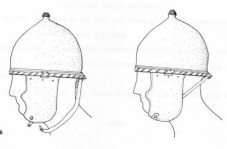 Схема фиксации шлема на голове, при помощи кожаного шнурка пропущенного от колец на затылочной части к петлям на подбородке, в нижней части наушей.