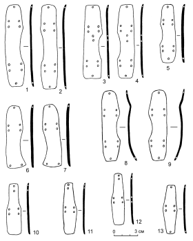 Типы панцирных пластин: 1, 2 – тип I; 3, 4 – тип II; 5 – тип III; 6, 7 – тип IV; 8, 9 – тип V; 10–12 – тип VI; 13 – тип VII (железо)