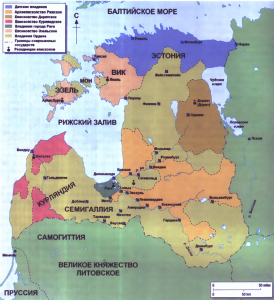 Карта Ливонии. На ней обозначены территории, подконтрольные различным владетелям.