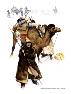 Монгол в зимней одежде с вьючным верблюдом, вооружен длинным копьем и носит два тулупа
