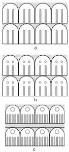 а) 1 этап эволюции ламеллярного доспеха - появление кожаной подкладки сзади пластин со шнурами (согласно триптиху Чукули), b) II этап эволюции - линейный ламелляр с двойной заклепкой (по св. Георгию из Мравалдзали), с) III этап - типичный полосатый заклепочный ламелляр (по Адишским фрескам). Штрихами с уклоном в разные стороны указана кожаная подкладка разного ламеллярного ряда