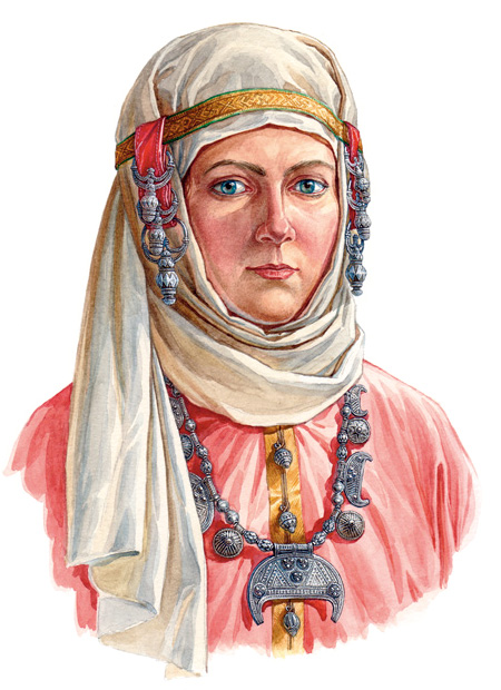Женщина в уборе с гроздевидными наушницами, конца X - начала XI вв. По материалам кладов из Гнёздово под Смоленском