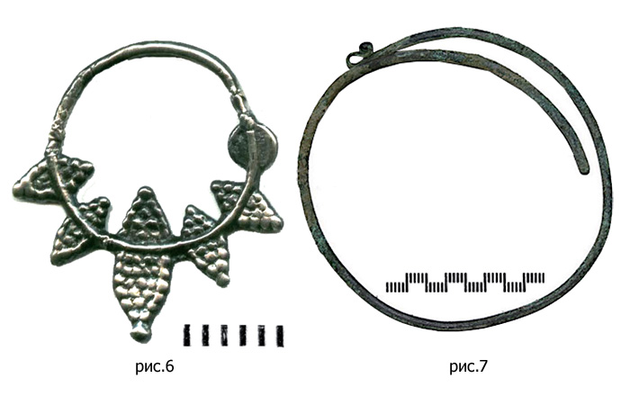 Лучевое ложнозерненое литое височное кольцо VIII-XIII вв., / Браслетообразное проволочное височное кольцо.