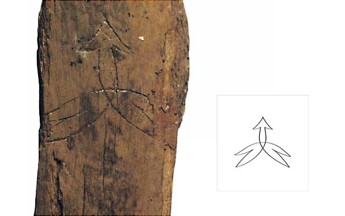 Орнаментированное деревянное изделие из Старой Ладоги и прорись рисунка на изделии. Вторая половина X в.