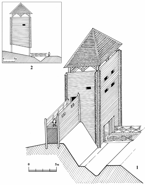 1 - вариант реконструкции эскарпа со стеной и надвратной башней; 2 - разрез надвратной башни.