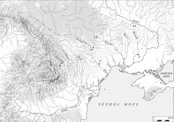 Карта распространения сарматских литых котлов к западу от Днепра: 1 — Ярошевка; 2 — Давыдов Брод; 3 — Трояны; 4 — Мокра; 5 — Слободзея; 6 — Пятра Шоймулуй