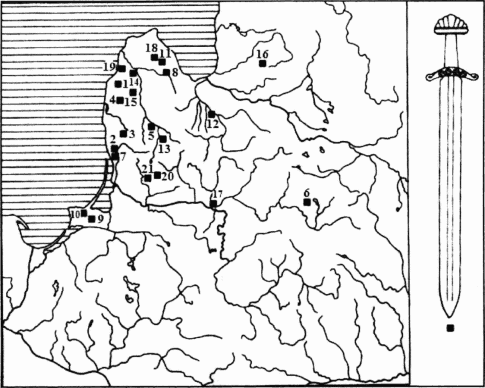 Поширення мечів типу ТІ куршський на території Прибалтики (за В. Казакявічусом).