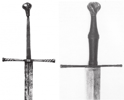 а - меч, найденный в городе Невшатель (Швейцария), рубеж XV-XVI вв., б - меч, из бывшего собрания замка Эрбах, рубеж XV-XVI вв.