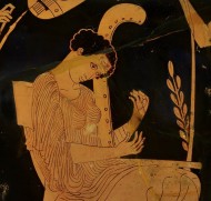 Муза Терпсихора, играющая на арфе. Фрагмент изображения на краснофигурной амфоре,  440 год до нашей эры. Британский музей