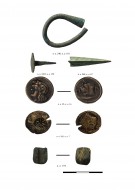 серьга бронзовая, гвоздь бронзовый, наконечник стрелы бронзовый, бронзовые боспорские монеты, фрагмент бусины многоцветного стекла