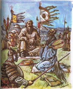 Чингисхан в своей ставке беседует с даосским мудрецом Чан-Чунем. рис. М. Горелик