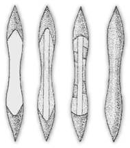 Технологическая схема лезвий мечей: 1-наварка лезвия на железную основу: 2-наварка лезвия на многослойную основу; 3 – наварка лезвия на узорчатую (дамаскированную) основу; 4 – цементация лезвия.