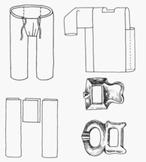 Схемы кроя славянских штанов и рубахи с боковыми вставками. Ременные пряжки из погребений.
