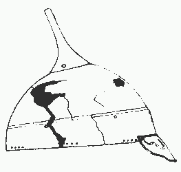 Шлем из несанкционированных раскопок на городище Козьи скалы, горы Бештау, Ставропольский край. 1 - Вид спереди; 2 - Вид сзади; 3 - Вид справа; 4 - Вид слева; 5 - Вид сверху; 6 - Схема сборки