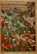 Бой турецких войск Османа-паши и Джафара-паши против Козаков. Миниатюра из Шаханшахнаме, 1592 г.