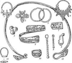 Роменско-боршевская культура. Украшения: 1, 3, 4 — височные кольца; 2,1 — накладки; 5 — нашивная бляшка; 6 — браслет; 8, 9 — серьги; 10, 11 — перстни; 12 — шейная гривна