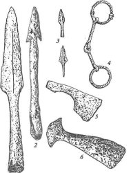 Инвентарь мужских финских погребений: 1,2 — наконечники копий; 3 — наконечники стрел; 4 — удила; 5, 6 — топоры