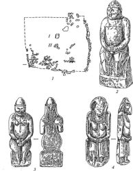 Половецкие каменные изваяния: 1 — план святилища и схема расположения изваяний; 2, 3 — изображения воинов; 4 — изображение женщины
