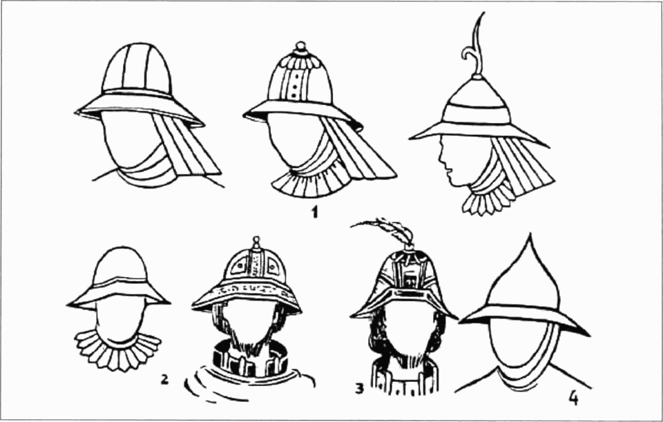Прорисовки шлемов с полями с фресок балканских монастырей