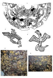 Изображения птиц на шлемах: 1–2 — Венгерский национальный музей в Будапеште; 3 — Сузунский бор; 4–5 — Городец