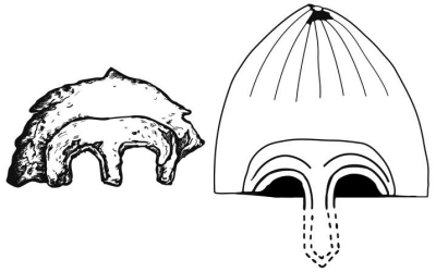 Фрагмент шлема из Городищ (Изяславль) и его гипотетическая реконструкция по Ю. Петрову