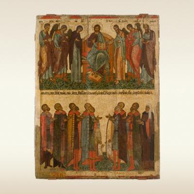 Икона. Деисусный чин и молящиеся новгородцы. 15 век