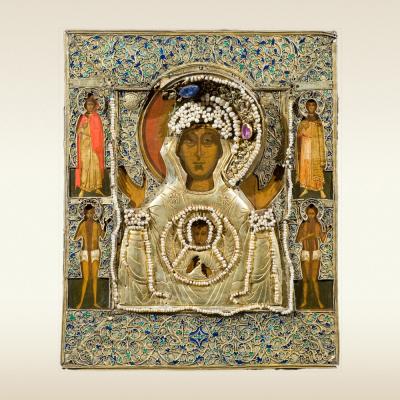Икона. Богоматерь Знамение с избранными святыми. 17 век