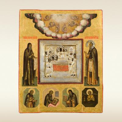 Икона. Успение Богоматери, с изображениями святых Киево-Печерского монастыря. 17 век