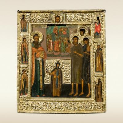 Икона. Покров Богородицы с избранными святыми. 17 век
