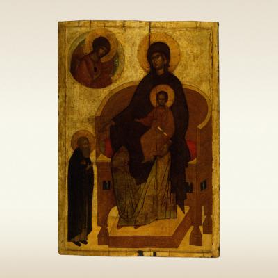 Икона: Богоматерь с Младенцем на престоле и предстоящим преподобным Сергием Радонежским, 15 век
