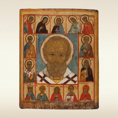 Икона: Святой Никола с Деисусом и избранными святыми, 16 век