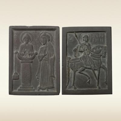 Каменная икона: Святые Симеон Столпник и Ставрокий. На обороте – Святой Георгий