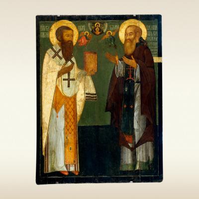 Икона. Святитель Василий Великий и великий князь Василий III в молении Богоматери «Знамение»