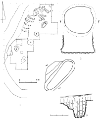Сидорово 2000. Раскоп 1.7- общий план раскопа; 2 - хоз. яма 4; 3 - хоз. яма 6.