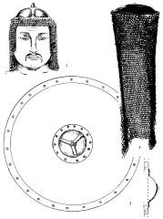 Сидорово. 1-2 — возможные варианты использования железной бляхи из хоз. ямы 9; 3 - татарский шлем XVII в.