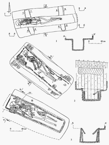  Могильник 1 археологического комплекса у с.Сидорово. Погребения: 1 — погр. 55 (с комбинированным перекрытием); 2-3 — погребения 31 и 47 с гробювищами-рамами