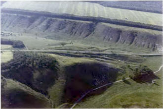 Сидоровское городище. Вид с юго-востока (с воздуха). Стрелкой показана врезанная в склон древняя дорога, идущая на памятник.
