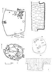 Сидоровский археологический комплекс: 1 — раскоп 12, помещение 11; 2 — раскоп 7, развал нижней части пифоса в скоплении керамики; 3 — раскоп 10, хоз. яма I.