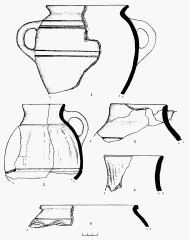 Сидоровский археологический комплекс. Лощенная посуда: 1 — раскоп 9, хоз. яма 5; 2 — раскоп 9, хоз. яма 7; 3, 5-раскоп 12. помещение 11; 4 — раскоп 9, квадрат Л 6.