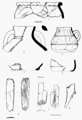 Сидоровское городище. Керамика (1-5) и костяные изделия (6-8): 1. 2 —раскоп 5, хоз. яма 1; 3 — раскоп 6, хоз. яма 1; 4-8 — раскоп 6, помещение 5. дно.