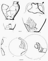 Керамические изделия: 1 – раскоп 9, И-9; 2-4, раскоп 12, помещение 11; 5-6 – раскоп 9, скопление 1.