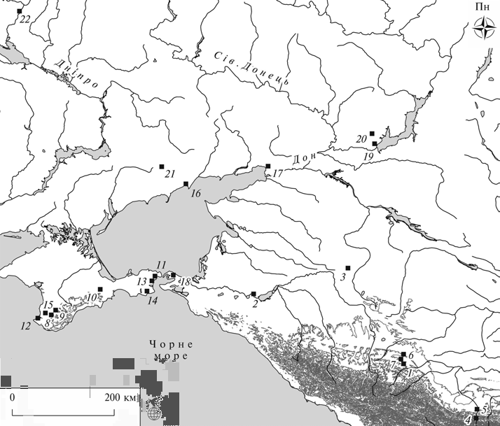 Карта находок антропоморфных фаллических фигурок с петлей на обороте на территории Предкавказья, Крыма и Нижнего Дона